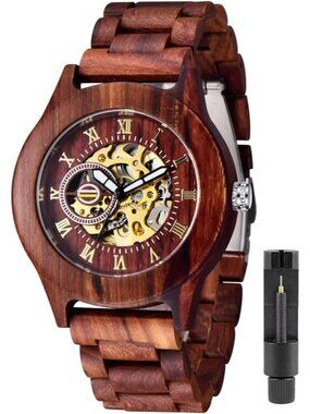 Men's All Red Analog Quartz No Battery Fashion Mechanical Movement Wooden Watch